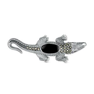 Брошь из чернёного серебра с натуральным ониксом, натуральным гранатом и марказитами - Крокодил