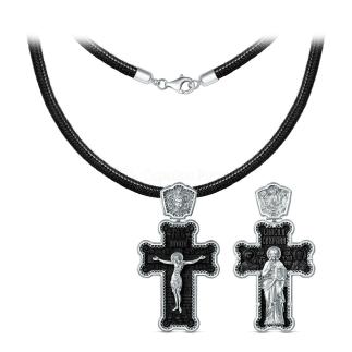 Колье с крестом из чернёного серебра и дерева эбен на текстильном вощёном шнурке - Рaспятие, Голгофский Крест, Шестикрылый Херувим, Святая Троица, Спас Вседержитель, Казанская Божья Матерь, Николай Чу