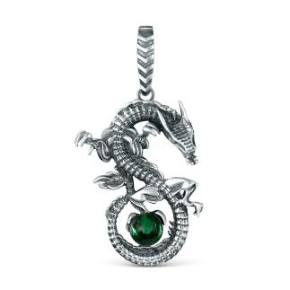 Подвеска из чернёного серебра с ювелирным кристаллом изумрудного цвета - Дракон