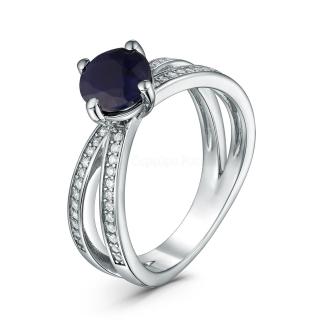 Кольцо из серебра с сапфиром и кубическим цирконием родированное