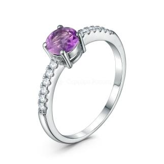Кольцо из серебра с аметистом и кубическим цирконием родированное