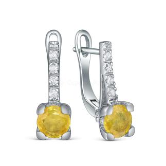 Серьги из серебра с жёлтым сапфиром и кубическим цирконием родированные