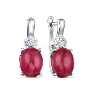 Серьги из серебра с рубином и кубическим цирконием родированные