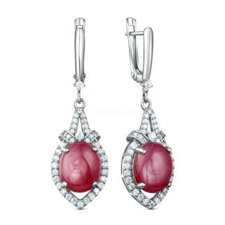 Серьги из серебра с рубином и кубическим цирконием родированные