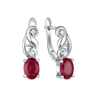 Серьги из серебра с рубином и кубическим цирконием родированные
