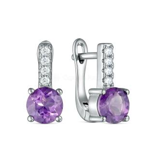 Серьги из серебра с аметистом и кубическим цирконием родированные