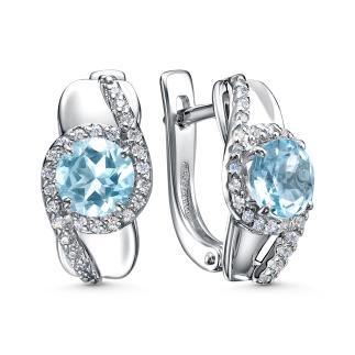 Серьги из серебра с натуральным Sky топазом и фианитами родированные