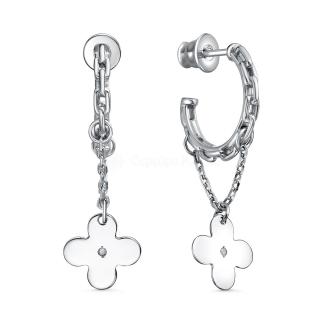 Серьги цепи из серебра с фианитами родированные - Клевер