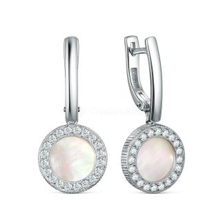 Серьги из серебра с перламутром и фианитами родированные
