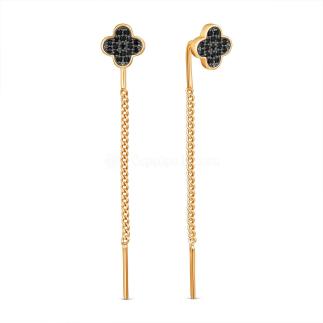 Серьги-продёвки клевер четверолистник из золочёного серебра со шпинелью