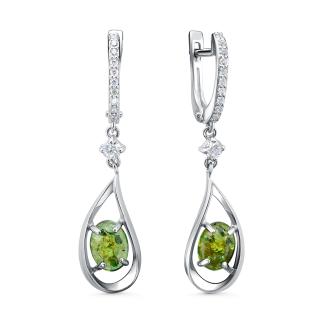 Серьги из серебра с зелёным янтарём и фианитами родированные