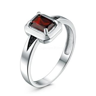 Кольцо из серебра с гранатом и фианитами родированное