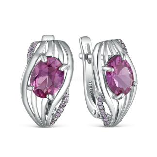 Серьги из серебра с синтетическим александритом и фианитами родированные