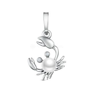 Подвеска из серебра с культивированным жемчугом и фианитами родированная - Краб