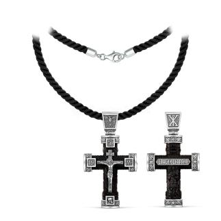 Колье с крестом из чернёного серебра и дерева эбен на текстильном шнурке - Рaспятие, Бoгoматepь, Иоанн Богocлов, Александр Невский, Хризма