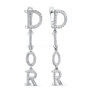 Серьги длинные из серебра с фианитами родированные