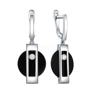 Серьги из серебра с чёрным агатом и фианитами родированные