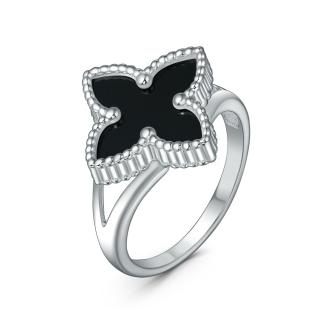 Кольцо из серебра с чёрным ониксом родированное - Четырёхлистник