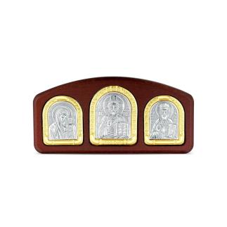 Икона автомобильная из дерева с родированным и золочёным серебром - Казанская Божья Матерь, Спаситель и Николай Чудотворец