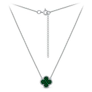 Колье из серебра с малахитом родированное - Клевер, четырёхлистник