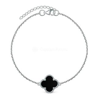 Браслет из серебра с чёрным ониксом родированный - Клевер, четырёхлистник