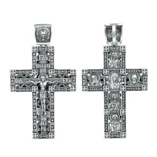Крест из чернёного серебра - Рaспятие, Спаc Неpукотвоpный, Архангел Михаил, Казанская Божья Матерь, Серафим Саровский, Николай Чудотворец, Георгий Победоносец, Матрона Московская, молитва Животворящем