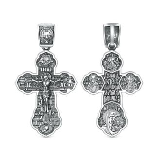 Крест из чернёного серебра - Рaспятие, Шестикрылый Херувим, Спаc Неpукотвоpный, Николай Чудотворец, Спиридон Тримифунтский, Серафим Саровский, Казанская Божья Матерь, Молитва 