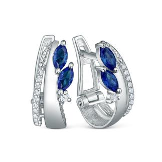 Серьги из серебра с синтетическим сапфиром и фианитами родированные