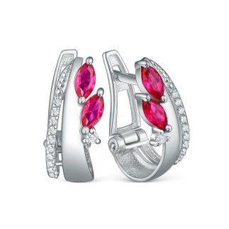 Серьги из серебра с синтетическим рубином и фианитами родированные