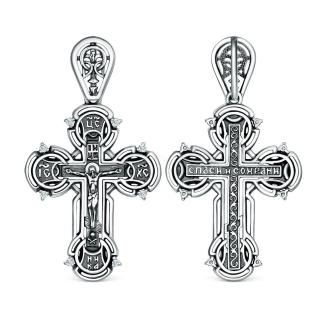 Крест из чернёного серебра с фианитами - Спаси и сохрани, 4 см