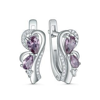 Серьги из серебра с александритом и фианитами родированные