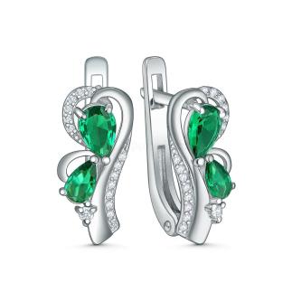 Серьги из серебра с изумрудного цвета шпинелью и фианитами родированные