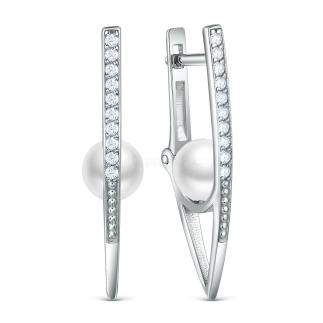 Серьги из серебра с жемчугом сваровски и фианитами родированные