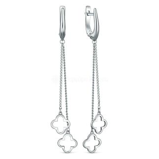 Серьги длинные из родированного серебра - Клеверы