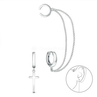 Серьги кафф с крестом из серебра родированные