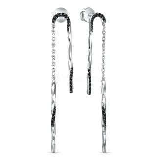 Серьги-пусеты с цепью из серебра с фианитами родированные