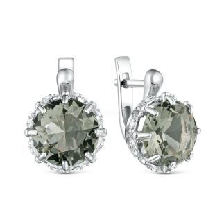 Серьги из серебра с плавленым кварцем цвета дымчатый и фианитами родированные