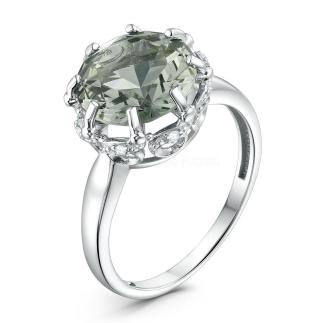 Кольцо из серебра с плавленым кварцем цвета дымчатый и фианитами родированное