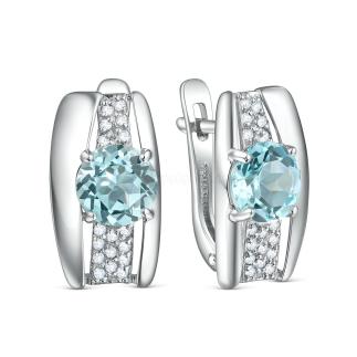 Серьги из серебра c голубым топазом и фианитами родированные