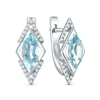 Серьги из серебра с топазом sky и фианитами родированные