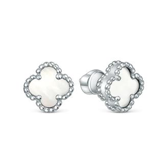 Серьги-пусеты из серебра с перламутром родированные - Клевер, четырёхлистник