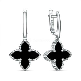 Серьги из серебра с ониксом родированные - Четырёхлистник