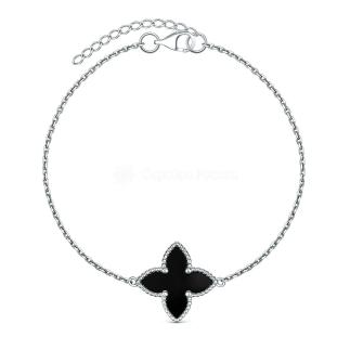 Браслет из серебра с ониксом родированный - Четырёхлистник