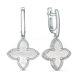 Серьги из серебра с белым перламутром родированные - Четырёхлистники