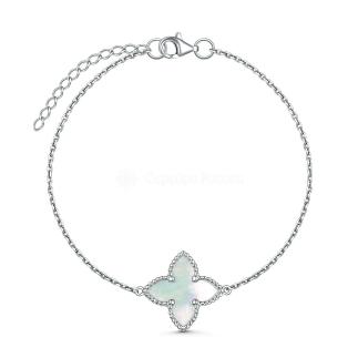 Браслет из серебра с белым перламутром родированный - Четырёхлистник