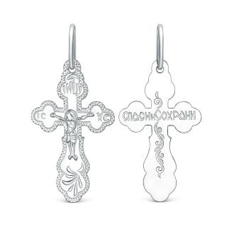 Крест православный из родированного серебра с алмазной огранкой - Спаси и сохрани