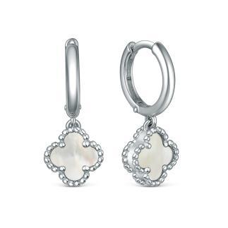 Серьги из серебра с белым перламутром родированные - Клевер, четырёхлистник