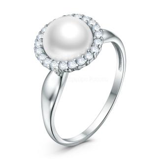 Кольцо из серебра с культивированным жемчугом и фианитами родированное
