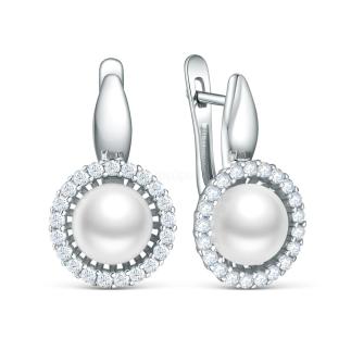 Серьги из серебра с культивированным жемчугом  и фианитами родированные