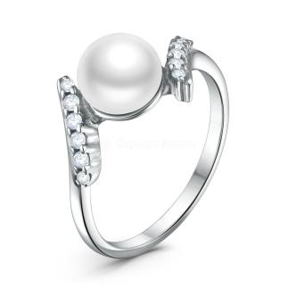 Кольцо из серебра с культивированным жемчугом и фианитами родированное